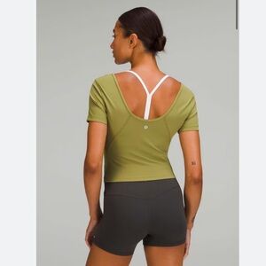 Lululemon Athletica Olive swoop neck short sleeve Crop Top